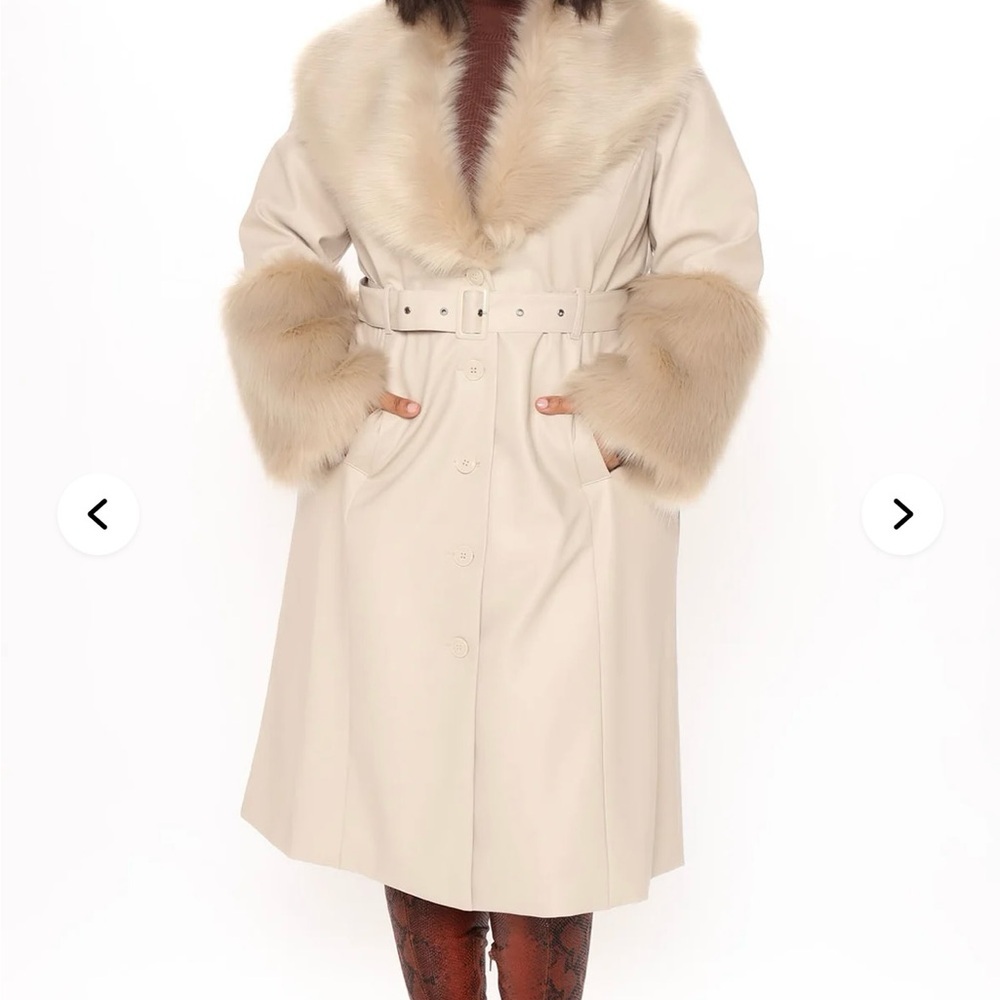 Fashion Nova Cream Faux Leather Trench Coat with Faux Fur - Picture 4 of 11
